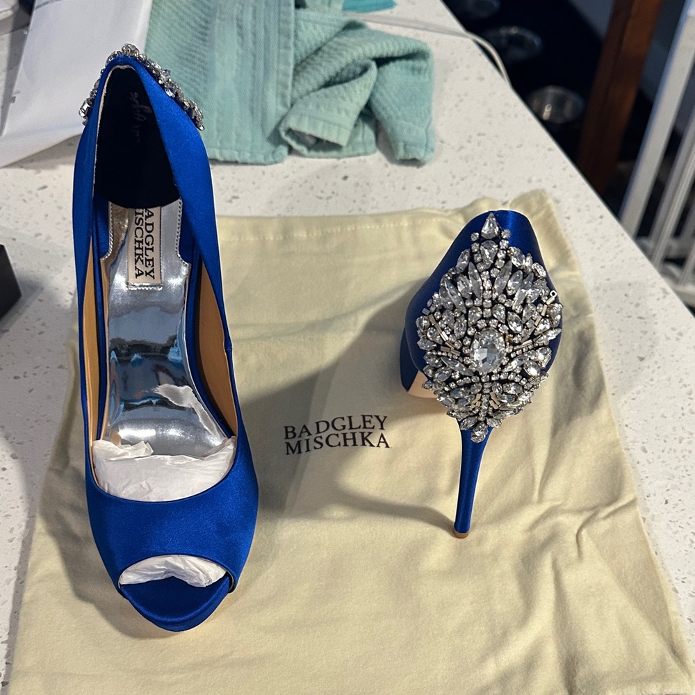 Badgley Mischka Royal Blue Satin Heels with Crystal Accents